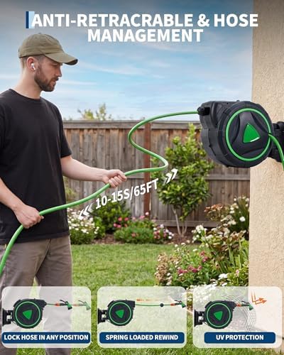 Garvee Retractable Garden Hose Reel, 5/8 IN x 65 ft Wall Mounted Heavy Duty - Image 3