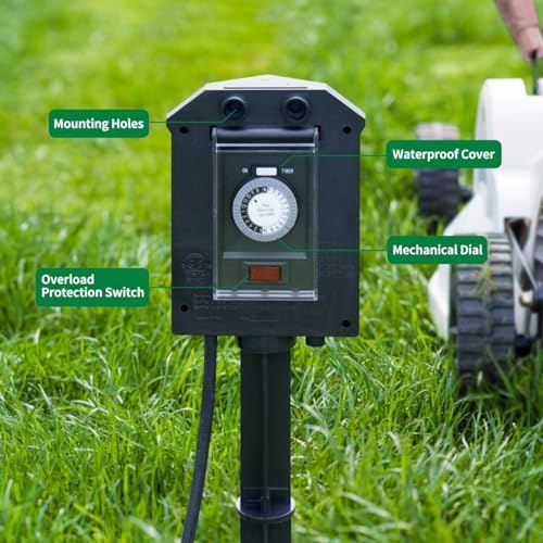 TiFFCOFiO Outdoor Power Strip Waterproof, 24 Hour Mechanical Timer, 15 ft Extension Cord, 6 Grounded Outlets for Outdoor Lights, ETL Listed (15 FT) - Image 2