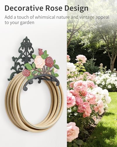 Cast Iron Garden Hose Holder Wall Mount, Rustic Heavy Duty Water Hose Hanger Storage Rack, Decorative Vintage Hose Reel Organizer for Outside Garden Yard Patio, Painted Rose Design - Image 7