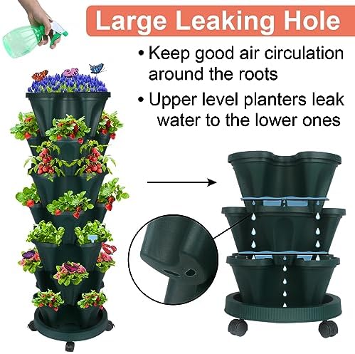 GameXcel Vertical Planter Tower - 7 Tier Stackable Garden Planters with Wheels and Garden Tool Set Plant Pots for Strawberry Herb Flower and Vegetable Indoor Outdoor Use Green - Image 2