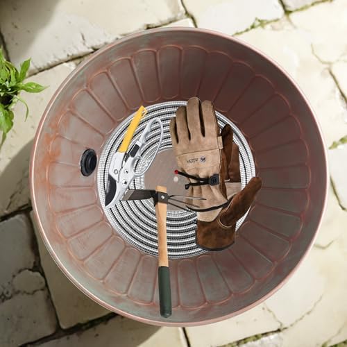 BSTGIFTS Garden Water Hose Holder - Decorative Metal Pot, Metal Hose Storage Pot, Garden Storage Organizer, Patio Portable Bucket - Antique Copper Accents, Holds up to 100ft Hoses (Embossed) - Image 6