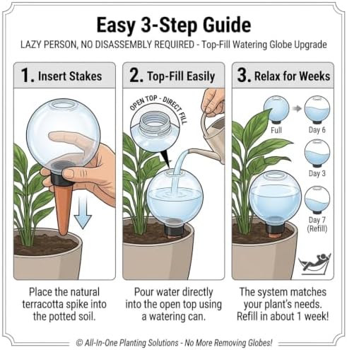 Plant Self Watering Globes with Terracotta Spikes, 17 oz Upgraded Plastic Water Bulbs, Slow Release Plant Watering Devices for Indoor & Outdoor Vacation Plant Care, Water Spikes Stakes (4 Pack) - Image 7