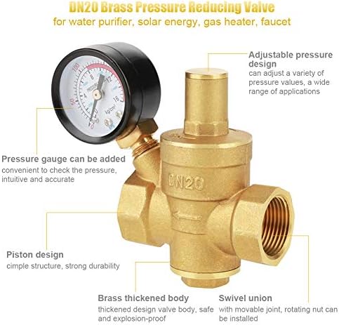 Brass Water Pressure Reducing Valve, Adjustable Pressure Regulator, Brass Pressure Regulator, DN20 G3/4 inch with Meter, 1/2 Inch Thread for Home, Garden, and Plumbing Systems - Image 2