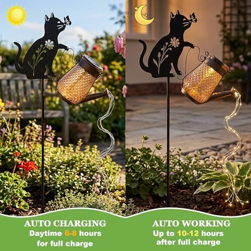 Solar Watering Can Light Cat Stake 36in Garden Waterfall LED Outdoor Art - Image 3