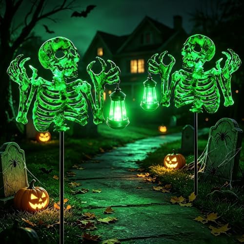 YJFWAL Halloween Skull Decor with Solar Light, 2 Pack Skull Solar Garden Lights Outdoor Waterproof for Family and Friends, Stake Lights with Solar Lanterns Yard Art Outside Patio Garden Decor - Image 7