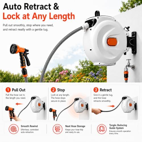Expandable Garden Hose Reel, Wall Mount Retractable with 8 Spray Patterns 11m/36ft - Image 6