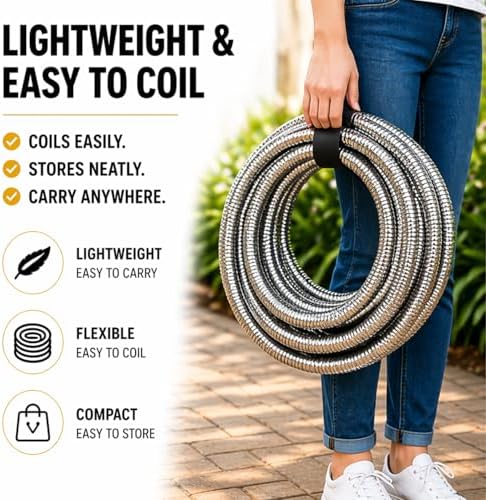 100 FT Metal Garden Hose, Stainless Steel Water Hose, Kink-Free Lightweight Heavy Duty Garden Hose with Brass Fittings & Nozzle, Flexible Non-Expandable Hose - Image 5