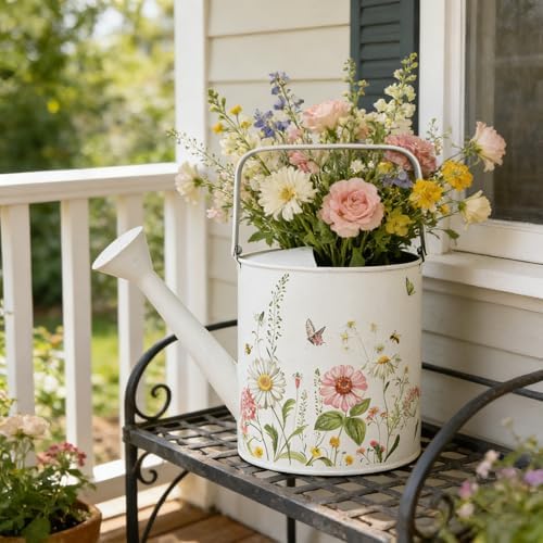 Vintage Floral Metal Watering Can for Indoor/Outdoor Plants, White Functional Garden Waterer with Long Spout, Garden Water Pot Rustic Decor for Home Garden Patio - Image 4