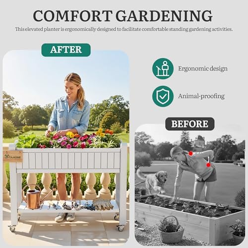 YITAHOME 43.3x17.7x34 in Elevated Garden Bed, Outdoor Plastic Planter Box with Wheels, Legs, Drain Plug, and Storage Shelf for Plants, Vegetables, Flowers, Herbs, Grayish-White - Image 5