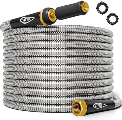 TITAN Garden Hose 50FT - 304 Stainless Steel Metal Water Hose, Flexible, Kink-Free, Lightweight, Durable, Crush Resistant Fittings, Easy to Coil, 500 PSI by Titan