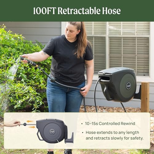 Vego Garden Hose Reel Retractable Hi-Flow Wall Mounted Hose Reel Automatic Rewind, Any Length Lock with 9 Patterns Sprayer Nozzle, Quick Connector and Adjustable shot Nozzle (Tidepool Blue, 100ft) - Image 3