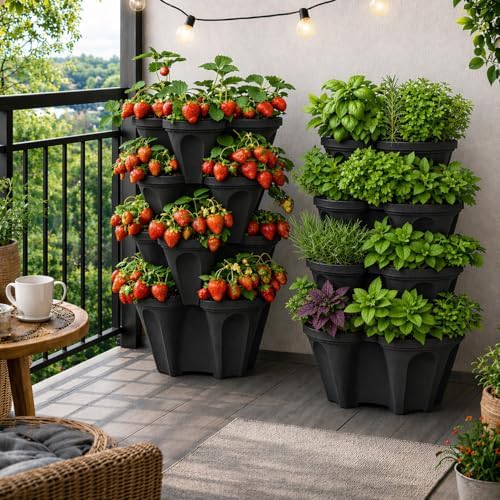 Vertical Garden Planter 4 Tier Stackable System 16 Plants, Space Saving Herb, Strawberry & Food Crop Planter with Center Support Hole for Indoor Outdoor Gardening (4, Midnight Black, Small) - Image 5