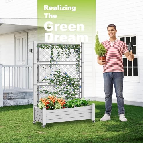 Vixzen 64" Tall Raised Garden Bed,Outdoor Large Resin Planter Box with Trellis and Drain Plug for Climbing Plants,Easy to Assemble,Water Monitor,Mobility(Ashen, 43.43"×18.27"×64.29") - Image 3