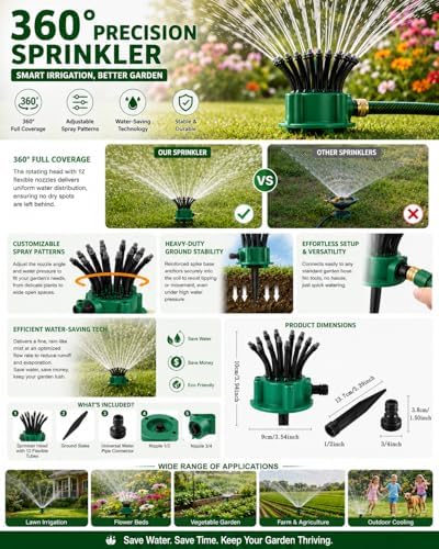 360° Rotating Garden Sprinkler for Yard & Lawn, 12 Adjustable Nozzle Irrigation Sprayer with 1/2”, 3/4” & 1” Connectors, Heavy Duty Spike Base for Large Area Garden Watering (4) - Image 2