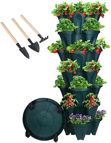 GameXcel Vertical Planter Tower - 7 Tier Stackable Garden Planters with Wheels and Tools Plant Pots for Strawberry Herb Flower and Vegetable Indoor Outdoor Use Green by GameXcel