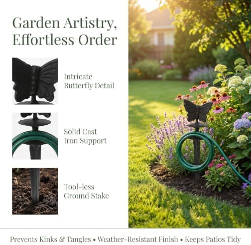 Vintage Cast Iron Garden Hose Holder Butterfly Shaped Freestanding Stake for Lawn and Patio Black Outdoor Hose Guide and Resists Fading - Image 3