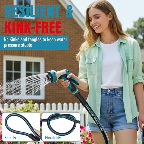 Garden Hose 100 ft x 5/8" with Nozzle, Water Hose Heavy Duty Flexible, Lightweight Kink-less Hybrid Hose with Swivel Handle, Male to Female Fittings (Blue, 100FT) - Image 3