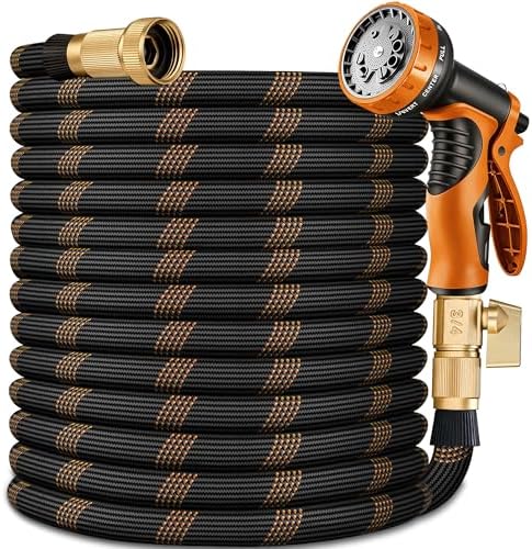 Flexible Garden Hose 50 FT, Ultra Lightweight Water Hoses w/10 Function Sprayer and 3/4" Brass Fittings, Kink-Free, Sturdy, Abrasion Resistant for Yard, Lawn, Outdoor and Gardening(Black Orange) by Unknown