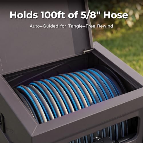 Garden Hose Reel Hideaway, Heavy Duty Metal Hose Reel Box for 125FT x 5/8" Hose, Steel Hose Storage Reel with Manual Crank Handle, Hose Guide System, Leak-Proof Aluminum Fittings, Stable 4-Leg Base - Image 3