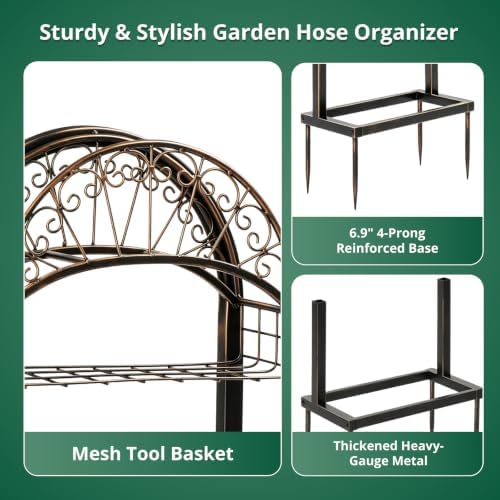 Bronze Garden Hose Holder with Storage Basket, Heavy Duty Freestanding Water Hose Stand with 4 Ground Spikes, Garden Hose Holder, Water Hose Stand, Hose Rack, Storage Basket, Outdoor Organizer - Image 3