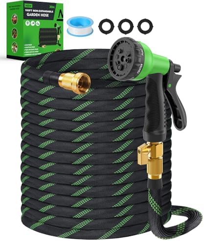 100ft Garden Hose，Non-Expandable Water Hose with 8 Function Spray Nozzle, Burst-Resistant，Kink-Free，Lightweight，Durable & Flexible 3/4" Garden Hose for Gardening, Yard，Lawn, Car Washing by BIGITTA