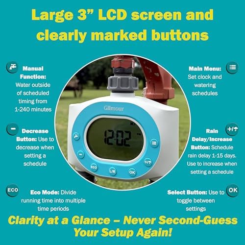 Gilmour Dual Outlet Water Timer for Garden Hose, Programmable Automatic Watering System, LCD Screen, Rain Delay, Battery Operated - Image 4