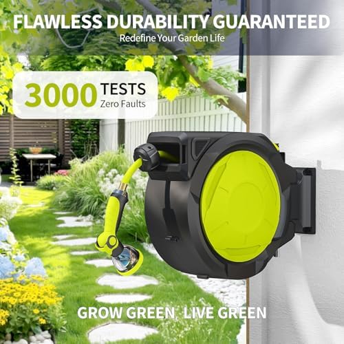 Retractable Garden Hose Reel - 1/2 inch x 50ft Wall Mounted Hose Reel with 3/4 inch Brass Fitting & 10 Function Sprayer Nozzle - Any Length Lock, Auto Rewind System, 180°Swivel Bracket - Black - Image 2