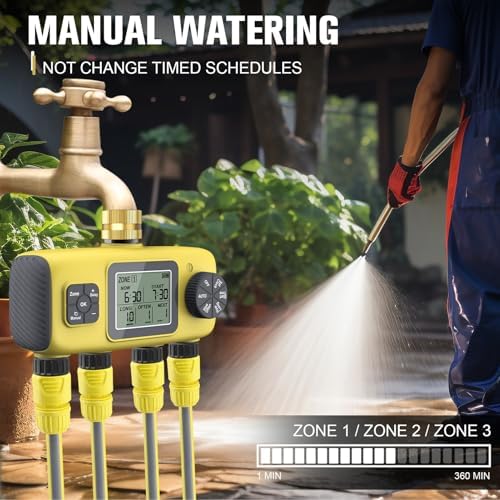 4 Outlet Sprinkler Timer, 4 Zone Programmable Garden Water Hose Timer with Rain Delay, Manual Automatic Irrigation, 3/4in Brass Inlet, for Lawn Yard Garden - Image 7