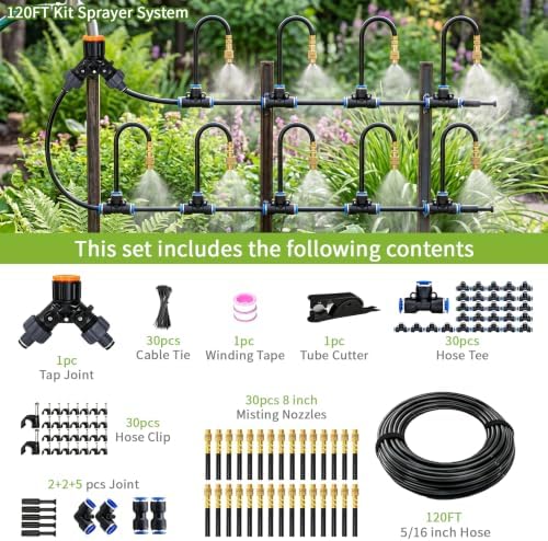 120FT Sprayer Irrigation System, Drip Irrigation Kit with 30 PCS 360° Adjustable Misting Copper Nozzles for Garden, Lawn, Patio, Greenhouse - Image 6