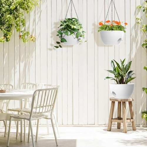 3 Pack 10 Hanging Flower Pots with Chains Self Watering Plastic Planters for Indoor Outdoor Plants, Sturdy Triangular Iron Chain Design for Garden PorchPlastic Hanging Flower pots (3, White) - Image 6