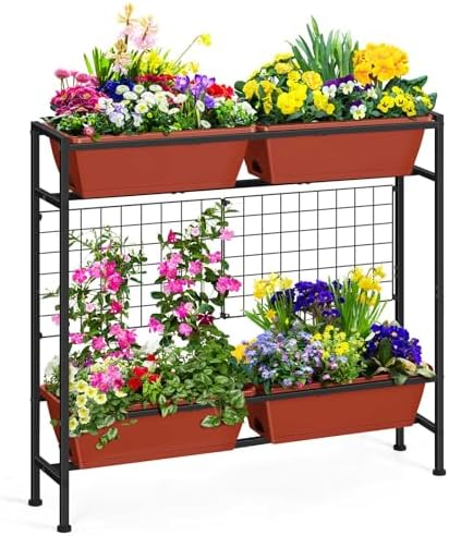 OYEAL Raised Garden Beds with Legs & Trellis, 32" Tall Herb Garden Planters for Indoor/Outdoor Plants, Vertical Elevated Flower Box for Backyard, Porch, Patio, Balcony, Red by OYEAL