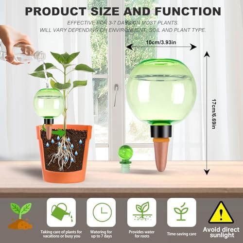 6 Pack Self Watering Globes 17oz Large Plant Watering Globes Top Fill, Self Water Planter Insert Indoor/Outdoor Plastic Water Bulbs Slow Release Terracotta for Plants, Green - Image 2
