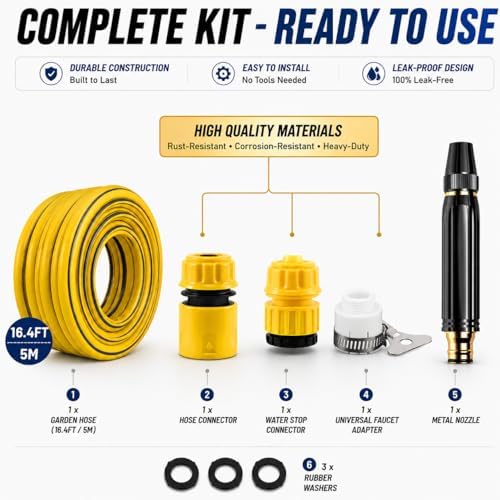 High Pressure Hose Nozzle for Garden Hose, Heavy Duty Metal Jet Sprayer with Quick Connect, Adjustable Water Sprayer for Car Washing, Patio Cleaning & Outdoor Use (Plastic Connector + 5m Water Hose) - Image 2