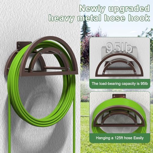 2 Pack Garden Hose Holder, Outdoor Hose Holder Wall Mounted Holds 125-ft Hose, Heavy Duty Metal Hose Hanger, Sturdy Detachable Hose Reel Storage Organizer, Hose Rack for Outside Garden Lawn, Bronze - Image 2