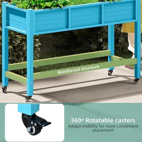 YITAHOME Raised Garden Bed HDPE, 47x18x31In Raised Flower Bed Poly-Wood Weather-Resistant Elevated Planter Box with Lockable Wheels for Vegetables, Aruba Blue - Image 5