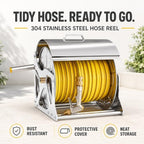 Stainless Steel Garden Hose Reel for Yard and Driveway, Smooth Manual Crank, Wall Mounted or Freestanding, Protective Lid, Brass Adapters and Nozzle Set 10m - Image 2