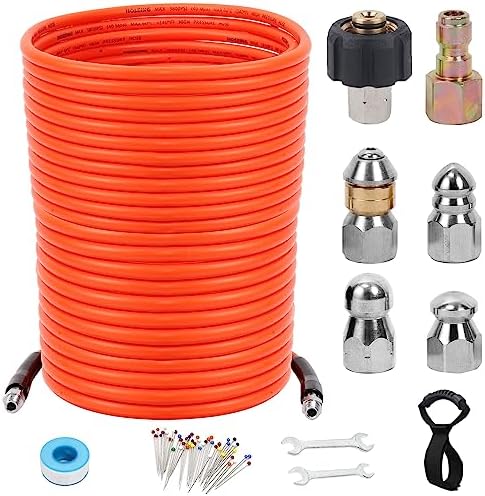 200FT Pressure Washer Sewer Jetter Kit, 5800 PSI Water Jet Drain Cleaner Hose with Corner Rotating Button Nose Nozzle, 1/4 Inch NPT, Sewer Jetter Nozzles Kit with Spanner Handle Strap by HOSEING