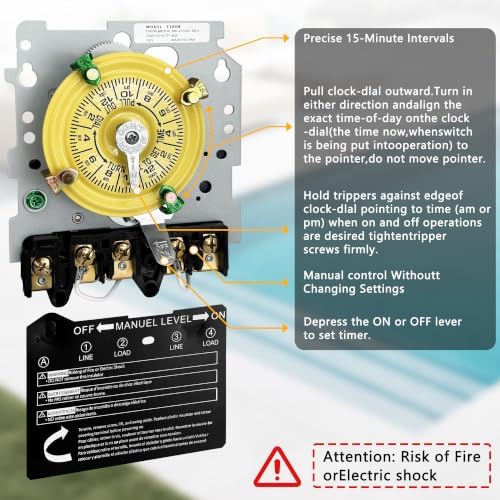 T104M Mechanical Timer Switch,208-277 VAC 5HP 40A DPST Pool Pump Timers Replacement,24-Hour12 ON/Off Cycles for Water Heater,Pool Pump,Lighting,Fans,Heavy-Duty Mechanical Time Switches(Mechanism Only) - Image 5