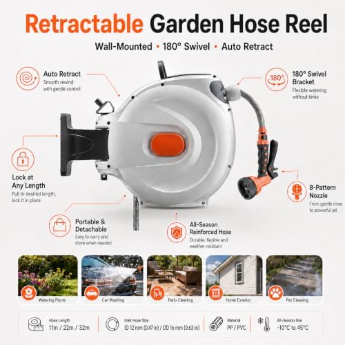 Hose with Reel, Retractable Garden Hose Wall Mount with 8 Spray Patterns 22m/72ft - Image 2