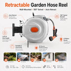 Retractable Garden Hose Reel, Wall Mount Auto-Retract with 8 Spray Patterns 32m/105ft - Image 2