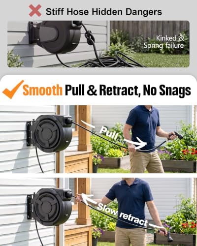 wikiwiki Retractable Garden Hose Reel 1/2 in x 50 ft, Heavy Duty Wall Mounted Hose Reel with 10- Function Sprayer Nozzle, Automatic Slow Return System/180°Swivel Bracket/UV Resistant (Black) - Image 2
