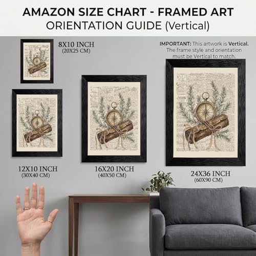 Framed Canvas Wall Art Vintage Antique Compass and Leather Map Muted Earthy Tones Rosemary on Aged Newspaper Canvas Print Poster Black Frame Wall Decor for Study Office Scholarly Decor, 16x20 Inch - Image 2