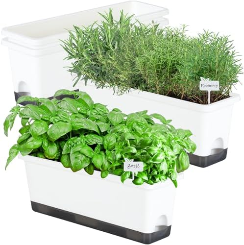 Window Box Planter 4 Packs, 17 Inches Rectangle Flower Pots with Drainage Holes & Trays, Pots for Vegetables, Herbs, Flowers, Garden Windowsill Balcony (White, 17 * 5.1 * 6 inch) by Oliz