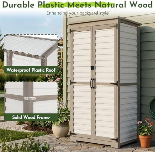 Tall Outdoor Storage Cabinet with Adjustable Shelves, White Plastic & Wood Storage Cabinets with Waterproof Roof, Lockable Doors, Outside Tool Shed for Garden,Patio, Backyard, Garage - Image 7