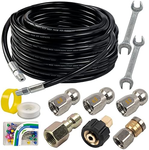 Hourleey Sewer Jetter Kit for Pressure Washer 50FT, Drain Cleaner Hose 1/4 Inch NPT, Orifice 4.0 Button Nose and Rotating Sewer Jetting Nozzle Spanner Tape Pearl Corsage Pin, 4000 PSI by Hourleey
