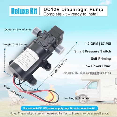 DC 12V Diaphragm Pump, Self-Priming Water Pump with Deluxe Hose Quick Connect Kit, 1.2 GMP, 87 PSI, Suitable for Garden Irrigation, RV, Camper, Shower, and Marine Boat - Image 2