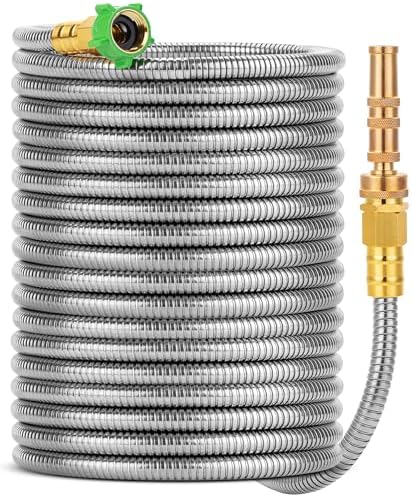 UNCO- Stainless Steel Metal Hose with 4 Function Brass Nozzle, 75 ft, No Kink, Metal Garden Hose by Unco