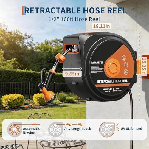 Heavy Duty Retractable Garden Hose Reel 1/2" x 100FT – Wall Mounted – 10-Design Nozzle – Any Length Lock – Slow Return System – 180° Swivel Bracket – Triple Layer Burst Protection & Brass - Image 3