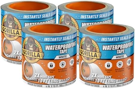 GORILLA Waterproofing Tape, Permanent Seal, White, 4" x 10', 4-Pack by Gorilla