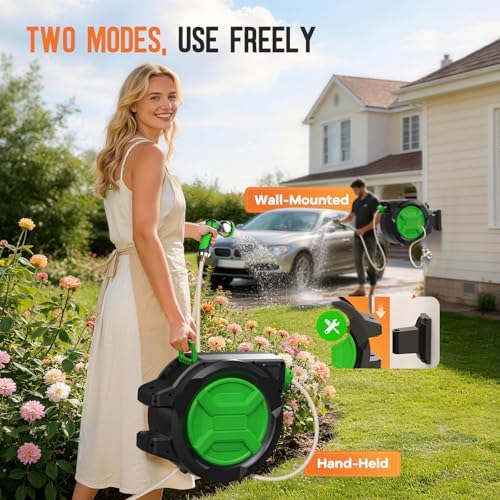 Retractable Garden Hose Reel 1/2" x 100ft, Wall Mounted Water Hose Reel with Auto Rewind, Any Length Lock, 180° Swivel Bracket & 9-Pattern Spray Nozzle, Heavy Duty Outdoor Hose Storage for Garden - Image 6